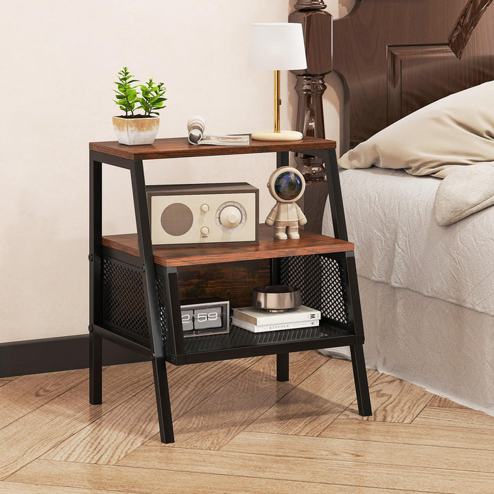 Giantex Industrial Nightstand 3-Tier End Table with 2 Open Shelves and Metal Mesh Compartment