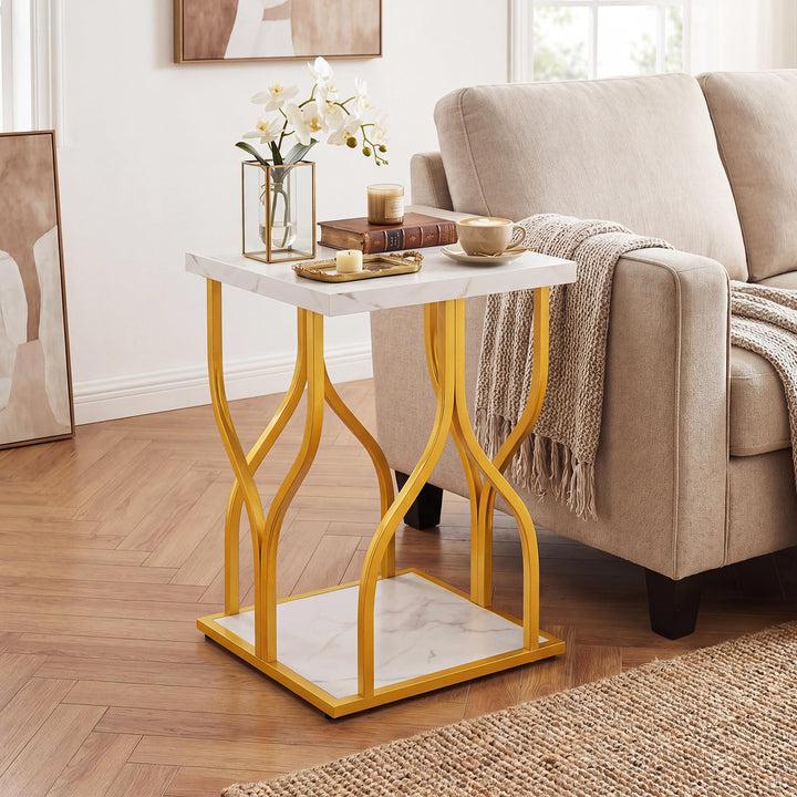 Giantex 2-Tier End Table with Storage Shelf &amp; Gold Petal-Inspired Geometric Metal Frame