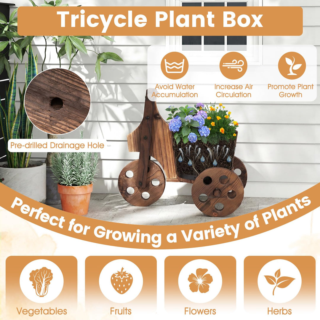 Giantex Wooden Wagon Planter with Wheels Rustic Wood Plant Stand(Solid Wheel)