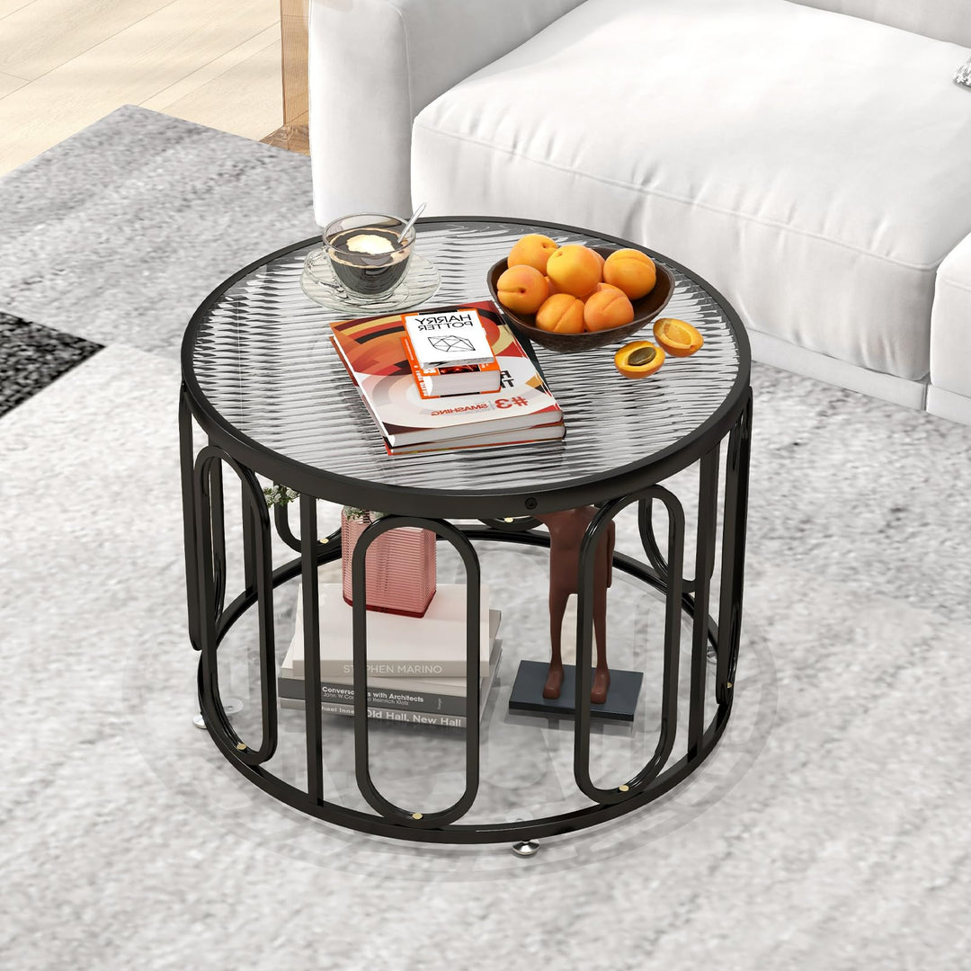 Giantex Small Round Glass Coffee Table, 24" Accent Side Sofa Tea Table with Tempered Glass Top & Oval Swivel Brackets