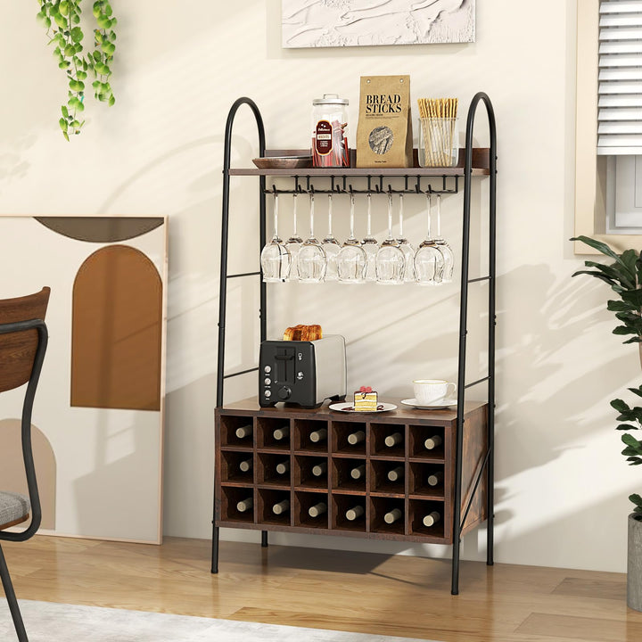 Giantex 18-Bottle Wine Rack Freestanding Floor, Kitchen Baker’s Rack w/ 15 Glasses Holder, Rustic Brown