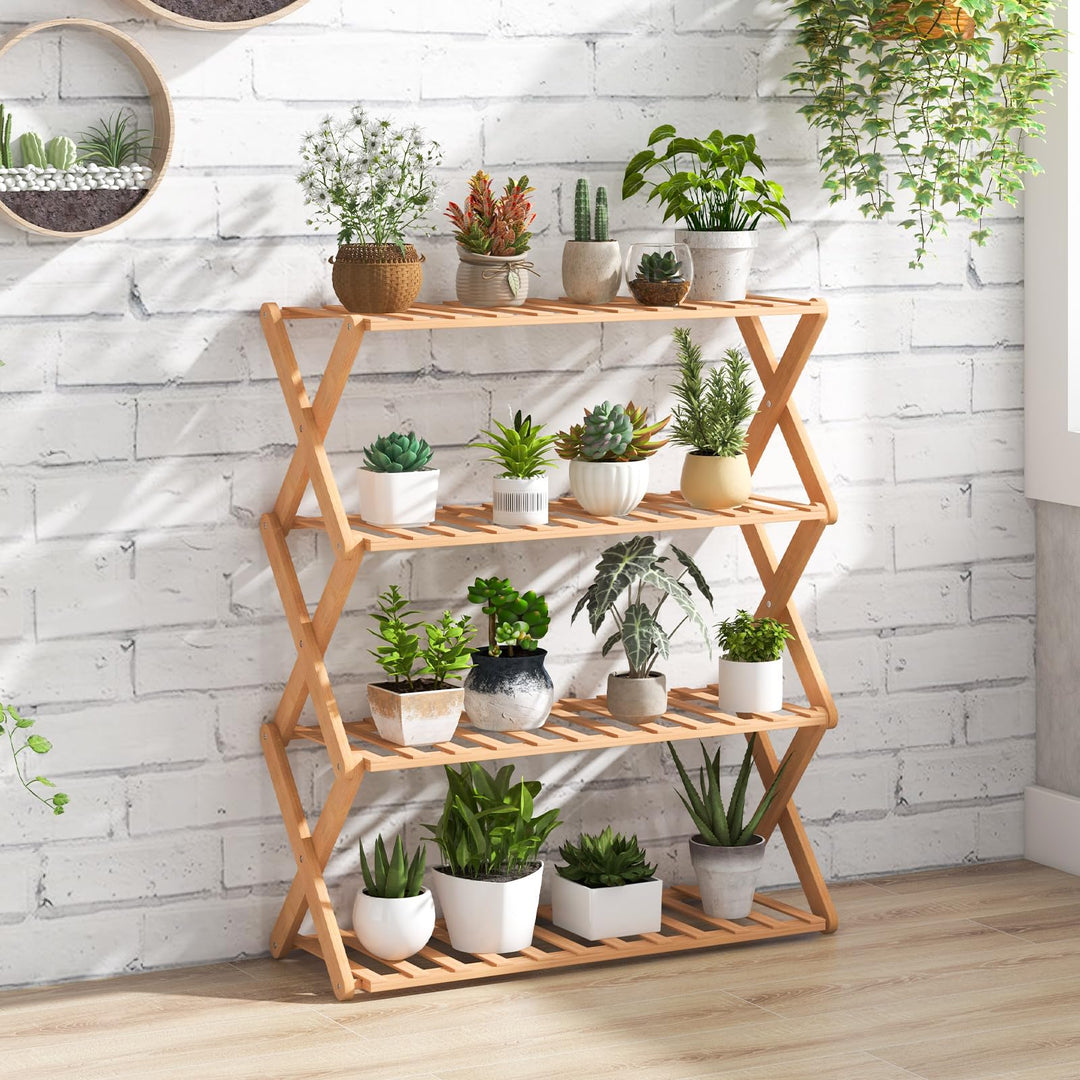 indoor bamboo plant stand Giantex Bamboo Plant Stand Indoor, 4-Tier Folding Planter Shelf, Foldable Display Rack w/ Slatted Shelves, No Assembly