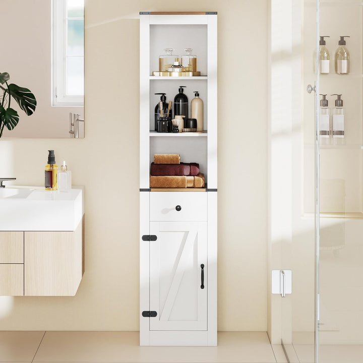 Giantex 68 inch Tall Bathroom Cabinet with Barn Door Narrow Slim Storage Organizer Unit with Drawer