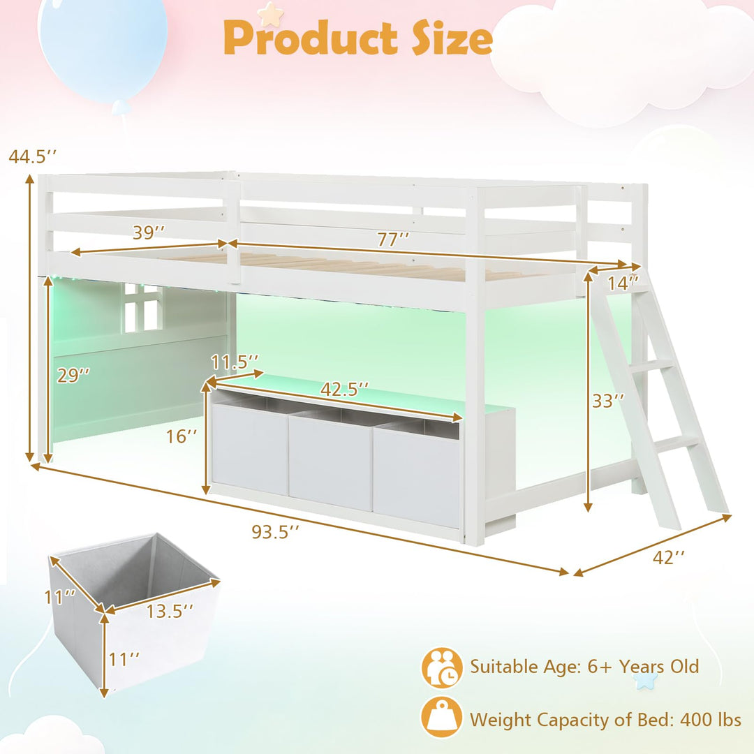 Giantex Kids Low Loft Bed Twin Size with LED Lights