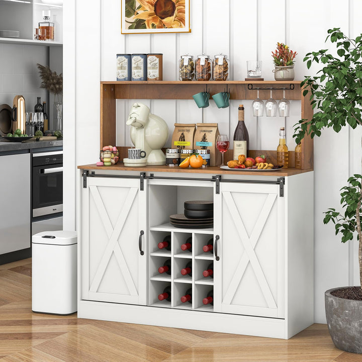 Giantex Farmhouse Buffet Cabinet with Hutch, Charging Station, 9 Bottle Wine Rack, Cup Glass Holder