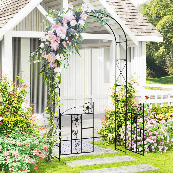 Giantex Garden Arbor with Gate, 7.5FT Metal Arch Trellis for Climbing Plants Rose Ivy, Archway Pergola with Flower Door