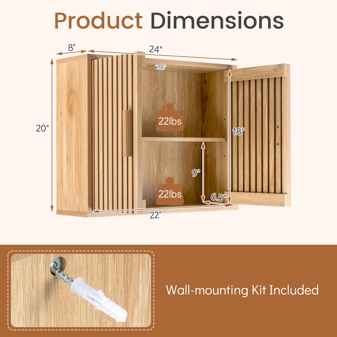 Giantex Wall Mounted Wooden Medicine Cabinet with 2 Slatted Doors