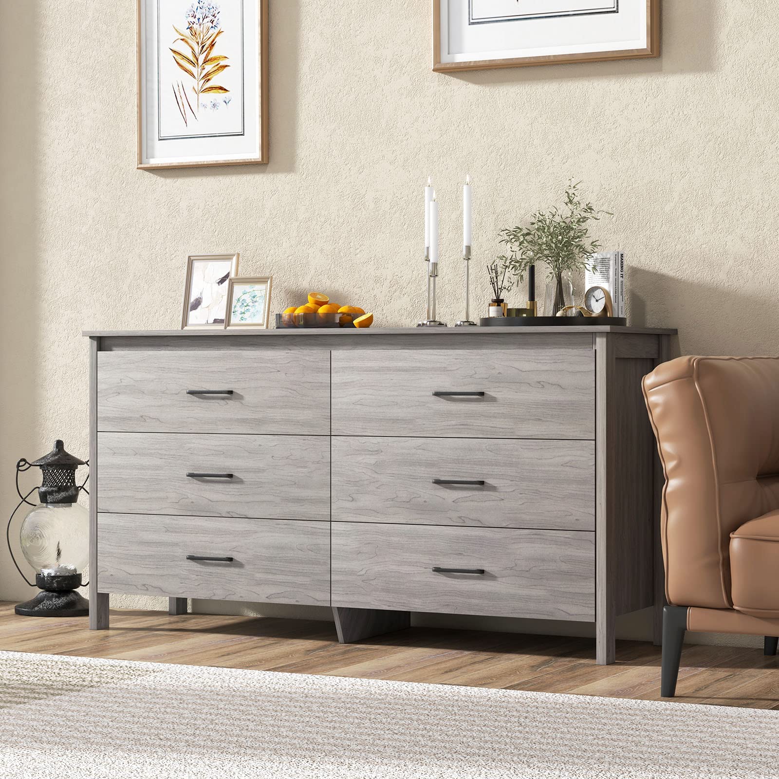 Giantex 6-Drawer Dresser for Living Room - Double Wide Chest of Drawers with Center Support & Anti-tip Kit, Grey