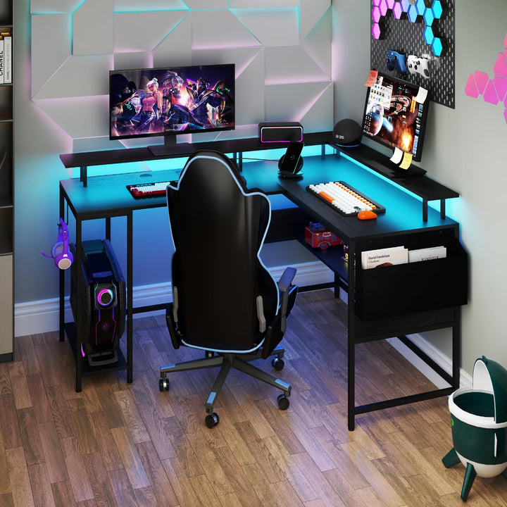 Giantex L Shaped Desk with LED Light & Power Outlets Ergonomic Home Office Desk