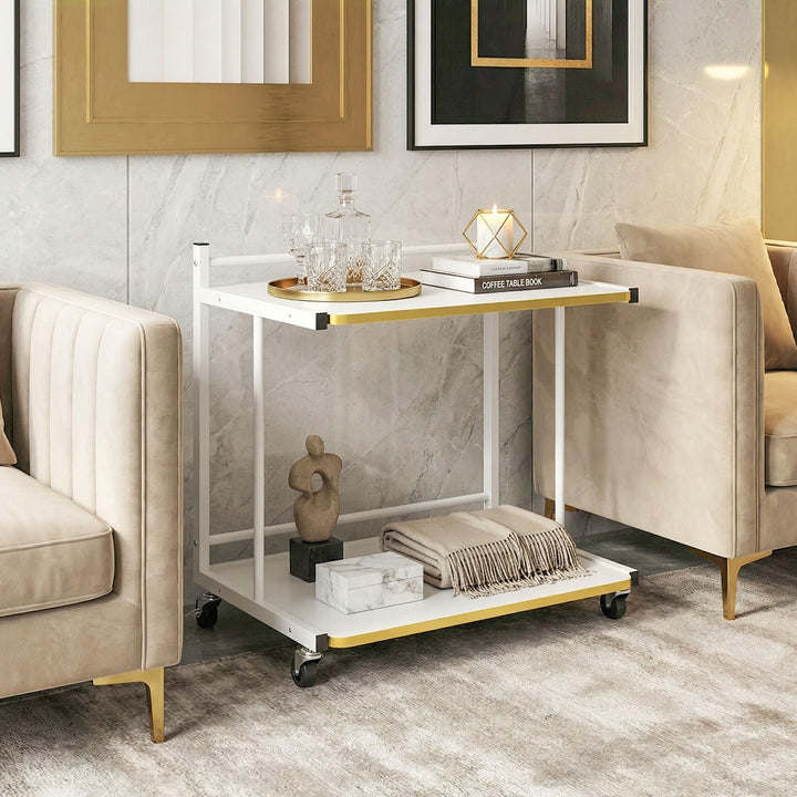 Giantex Mobile C-Shaped End Table - 2-Tier Sofa Couch Bed Side Table w/Open Storage Shelves & Golden Edge Banding