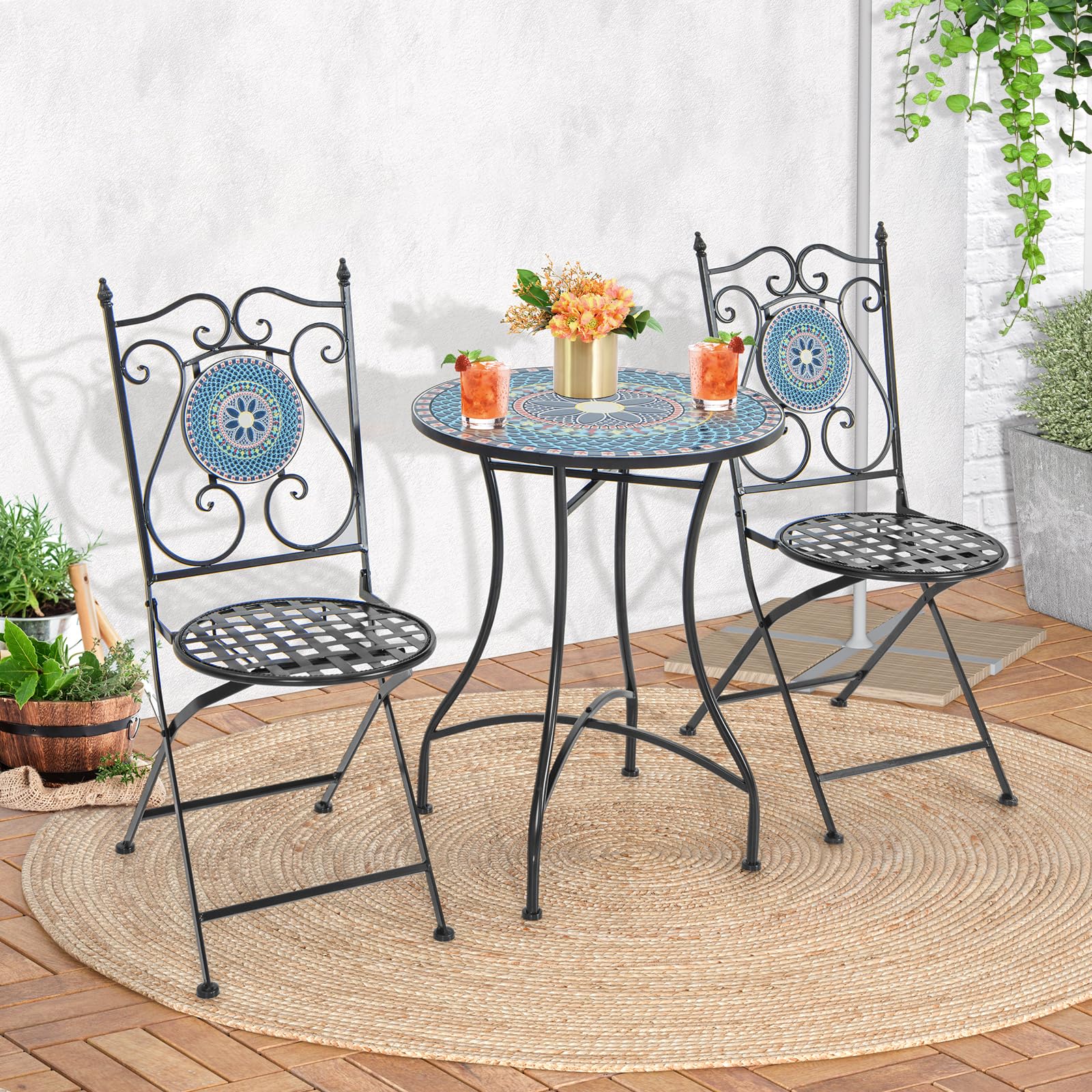 Giantex Patio Folding Chairs, Mosaic Bistro Chairs w/Backrest & Round Seat for Porch Balcony Lawn