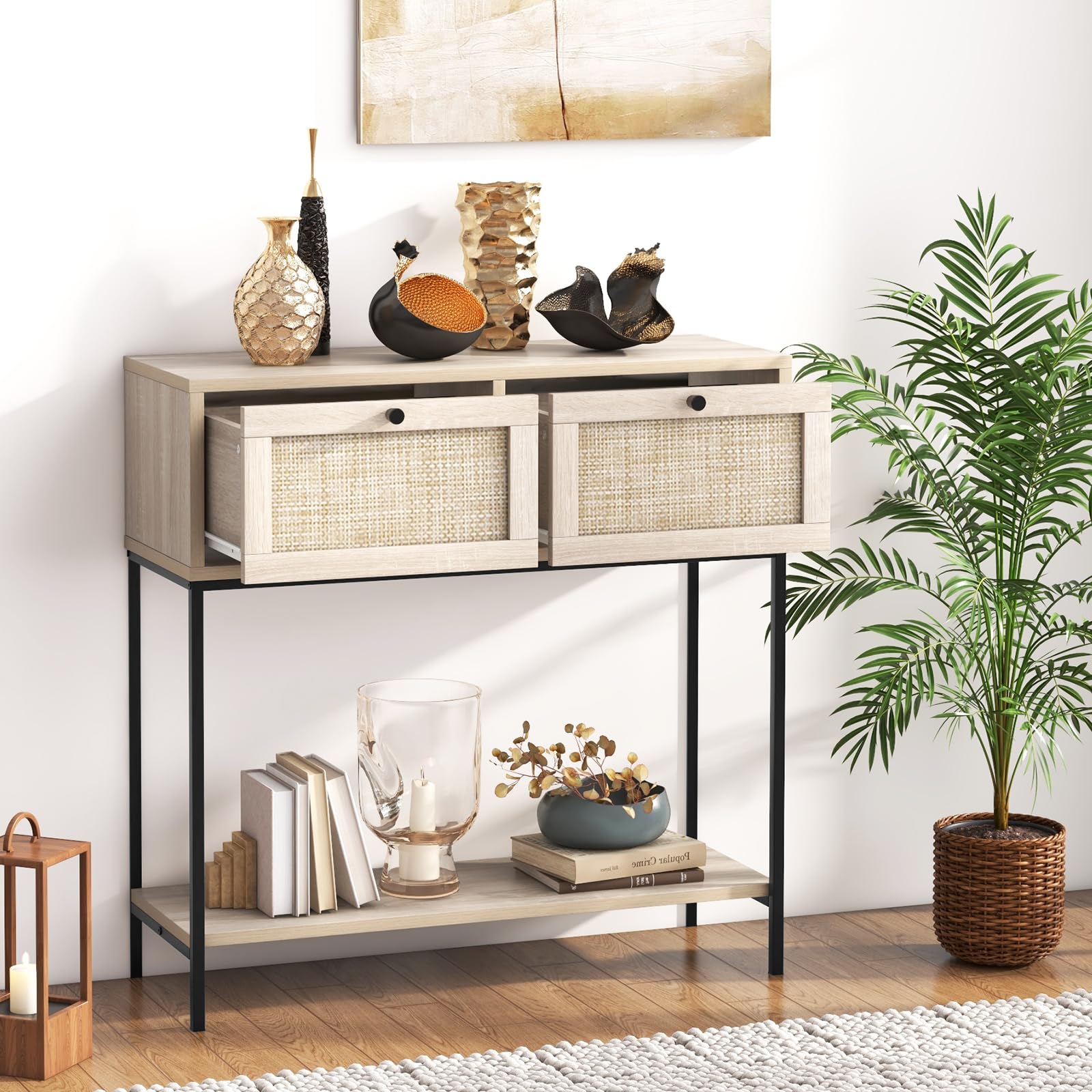 Giantex Console Table with Rattan Drawers - 31.5" Entryway Table w/ 2 Drawers & Open Storage Shelf