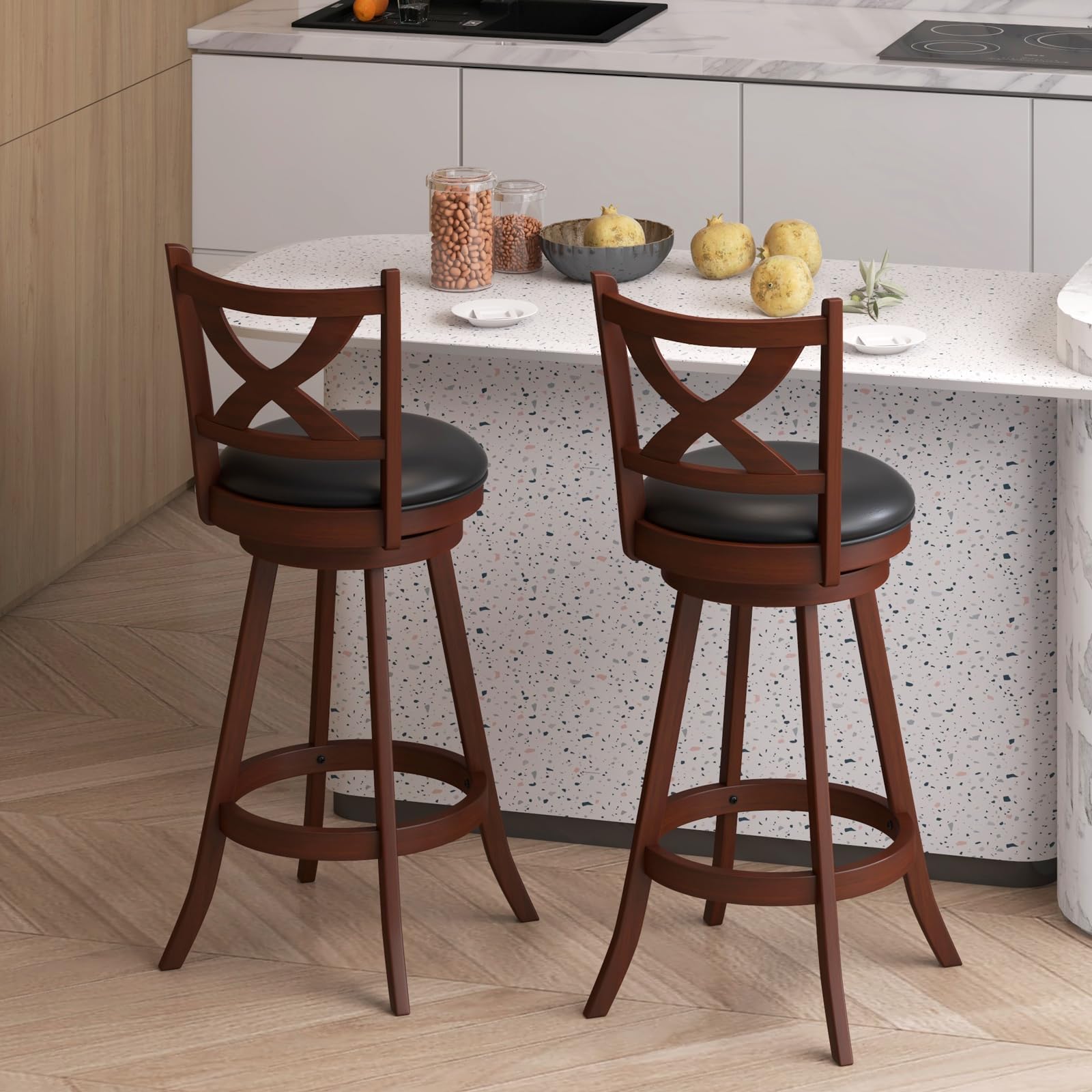 Giantex Swivel Bar Stools Set of 2, Farmhouse Wooden Barstools with Back