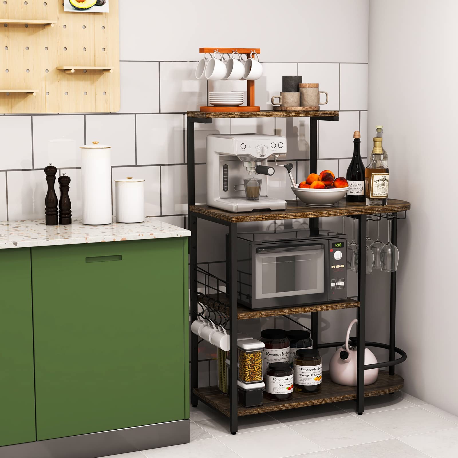 Giantex Kitchen Bakers Rack, 4-Tier Microwave Stand with 6 Hooks & Stemware Racks (Rustic Brown)