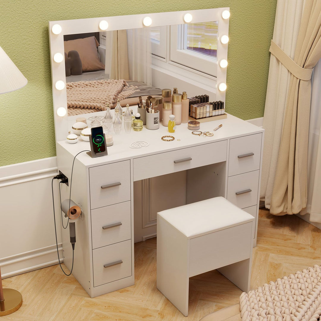 Vanity Desk with Large Mirror and Lights with Charging Station