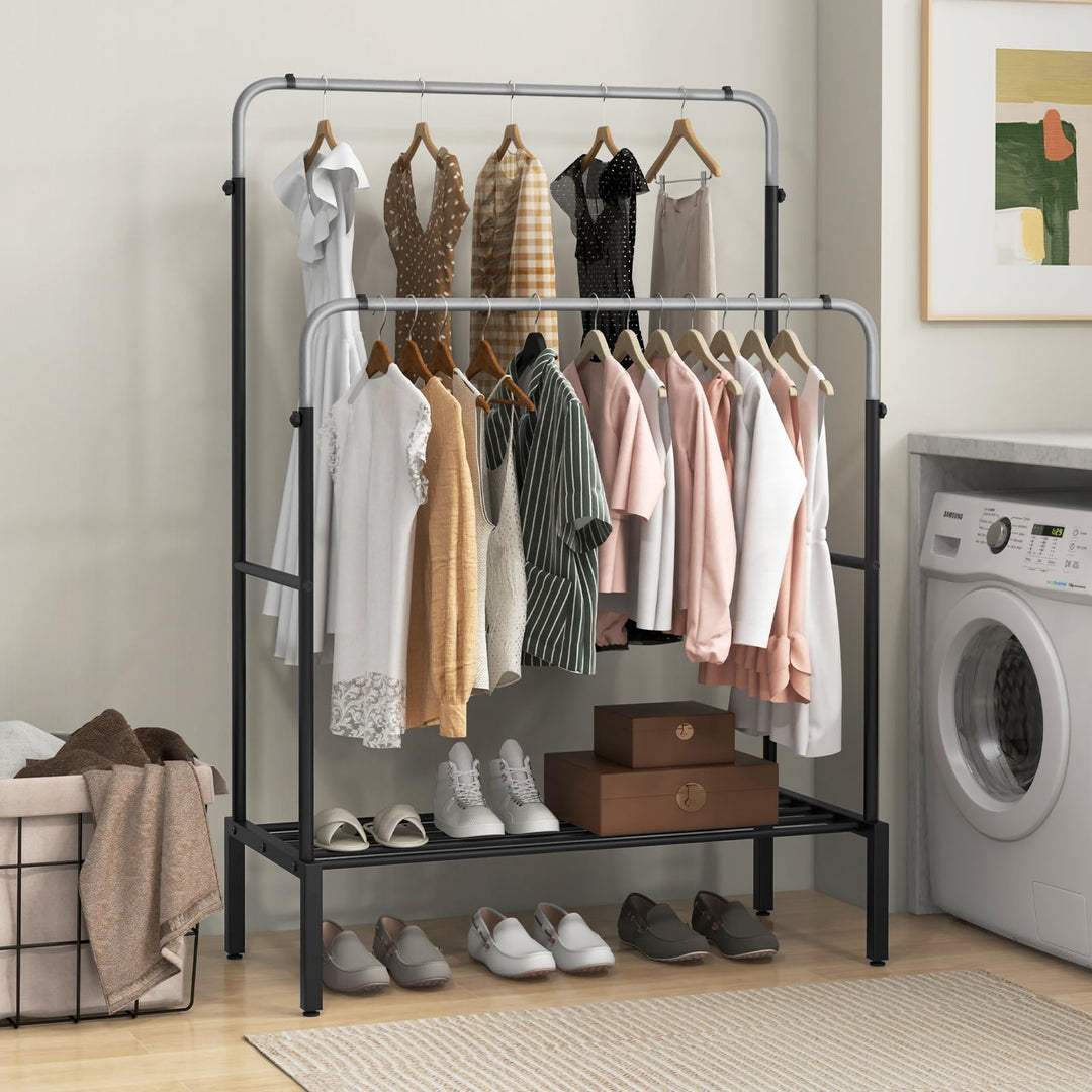 Giantex Double Rods Garment Rack, 2 Heights Adjustable Clothing Rack, Heavy Duty Metal Frame Hanging Clothes Rack
