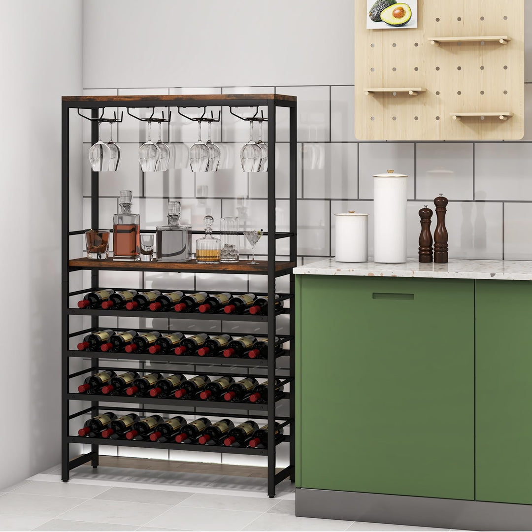 Floor Wine Rack w/ 4-Tier Wine Storage & 4 Rows of Stemware Racks