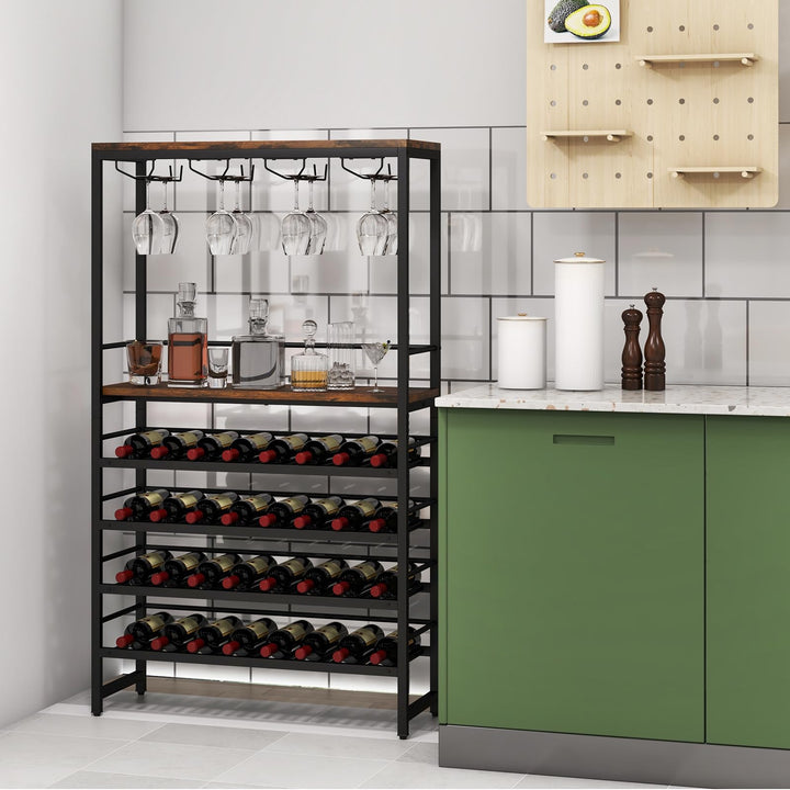 Floor Wine Rack w/ 4-Tier Wine Storage & 4 Rows of Stemware Racks