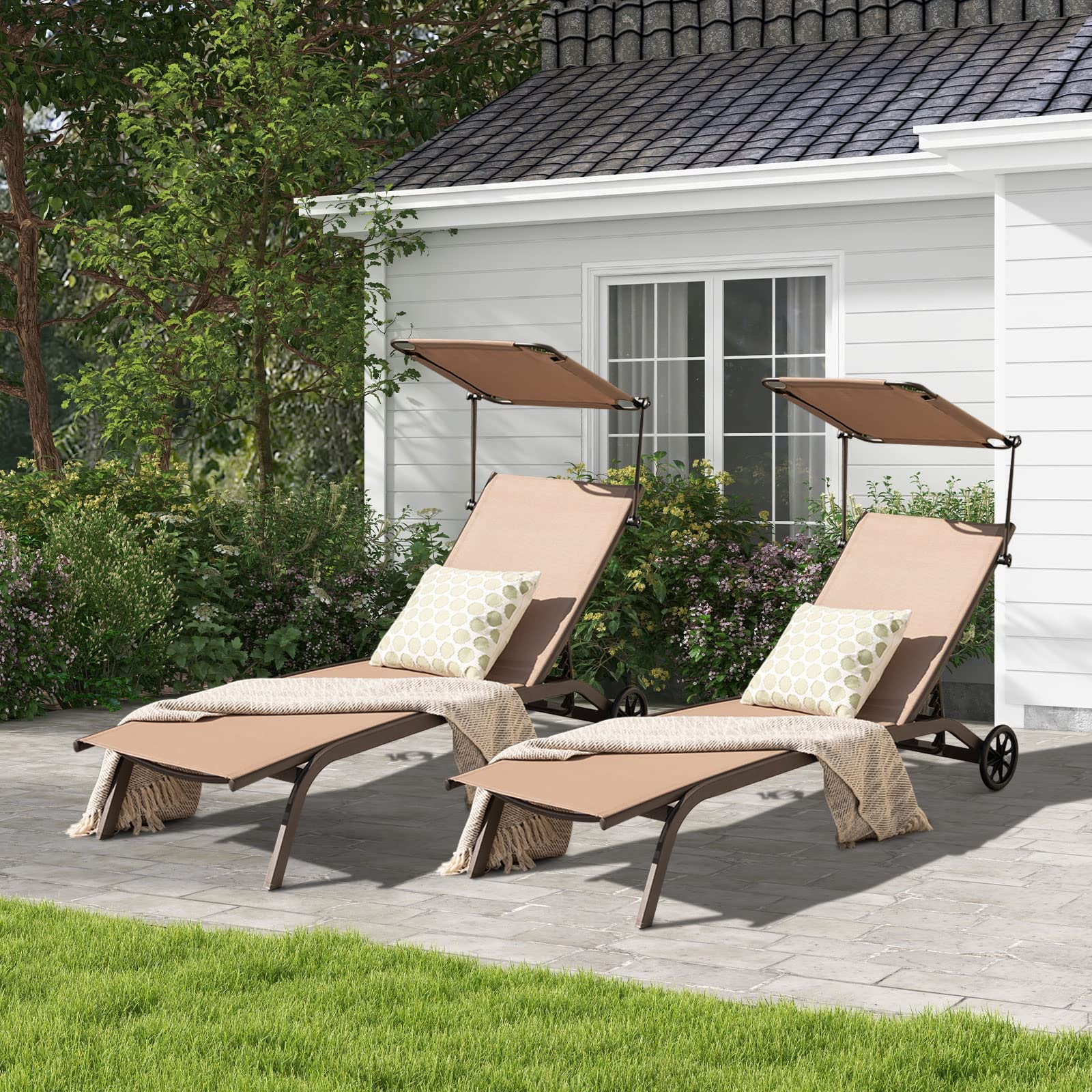 Giantex Outdoor Chaise Lounge Chair, Tanning Chair with Sunshade and Smooth Wheels, 6-Level Adjustable Position