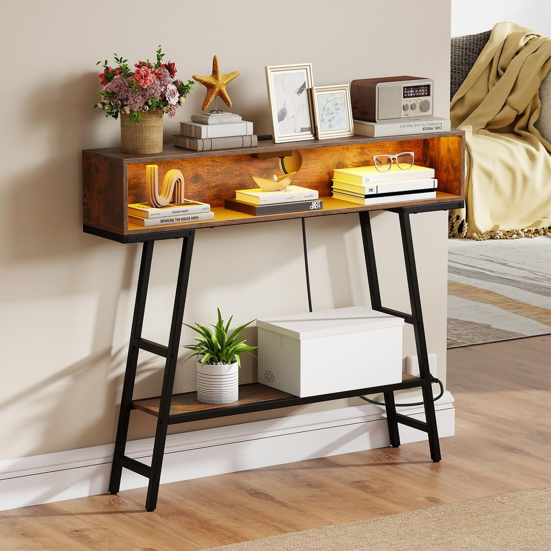 Giantex Console Table with Charging Station & LED Lights