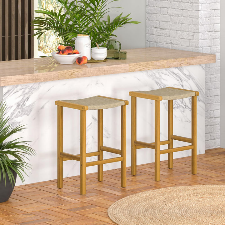 Giantex Patio Wood Bar Stools Set of 2, Acacia Wood Bar Stools w/Rattan Woven Seat