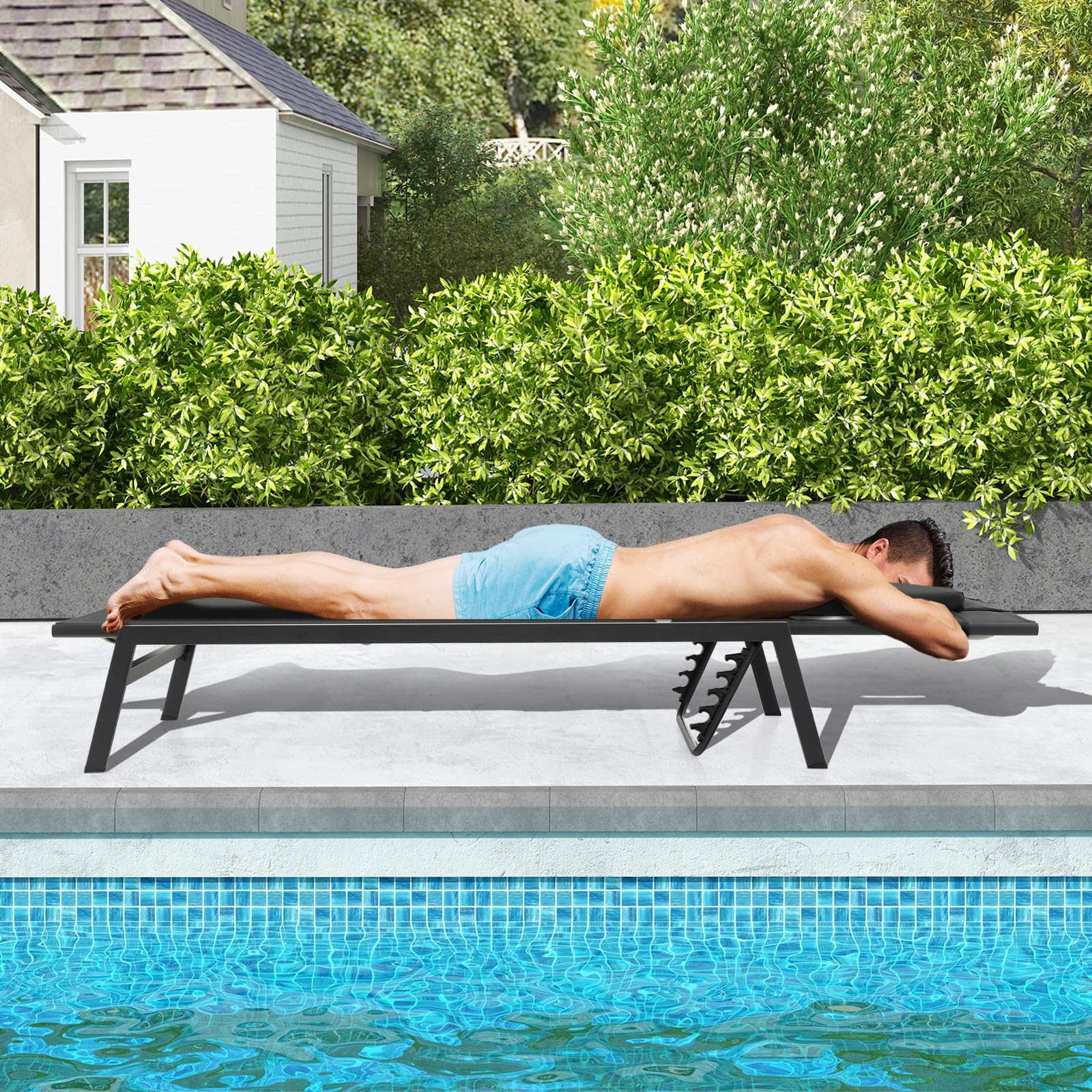Giantex Patio Chaise Lounge Chair - Outdoor Lounge Chaise with Face Hole, Detachable Head Pillows, Black