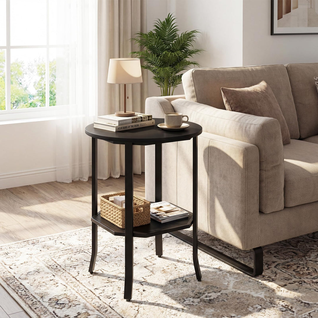 Giantex 2-Tier Round Small Sofa Couch End Table with Storage Shelf &amp; Steel Frame