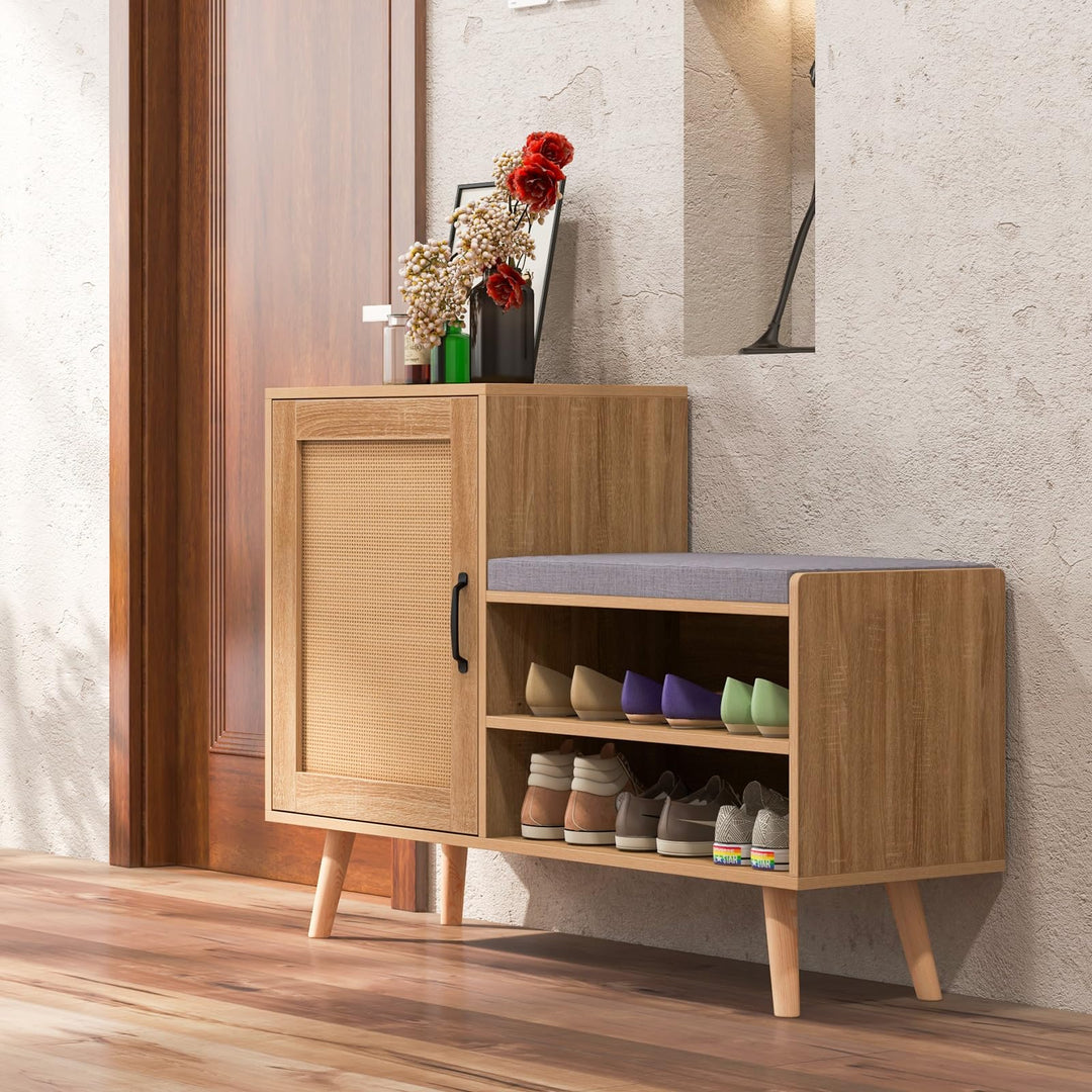 Giantex Shoe Cabinet with Shoe Bench - Rattan Shoe Storage Cabinet, Shoe Rack Organizer for 10-12 Pairs