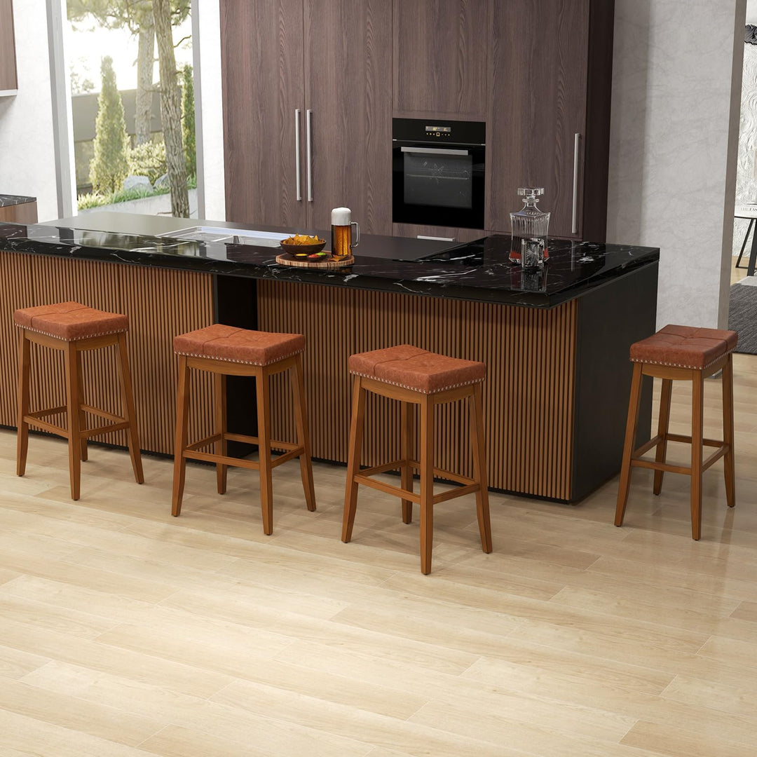 Giantex Bar Stools Set, 29" Counter Height Bar Stools w/Saddle Seat, Footrest, Rivet, Button Tufted, Rubber Wood Frame