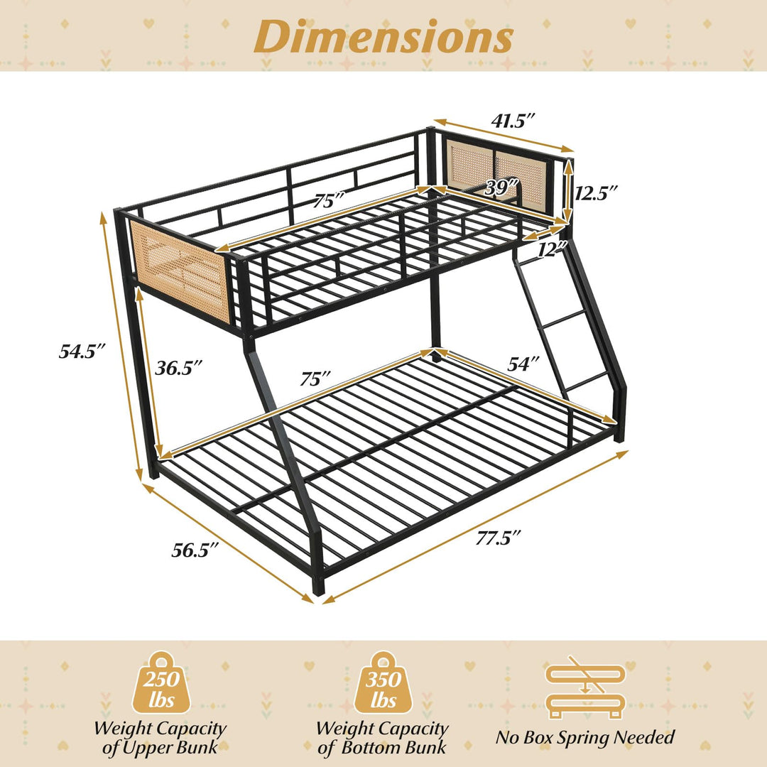 Giantex Twin Over Full Metal Bunk Bed, Boho Rattan Floor Bunkbeds
