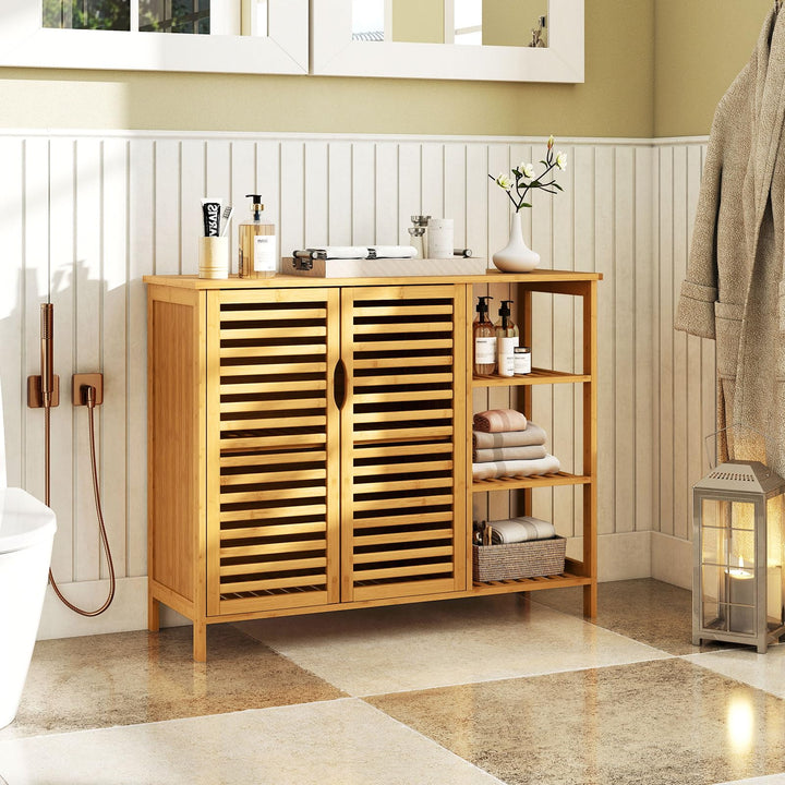 Giantex Bamboo Bathroom Storage Cabinet 2-Door Storage Organizer with Shelves