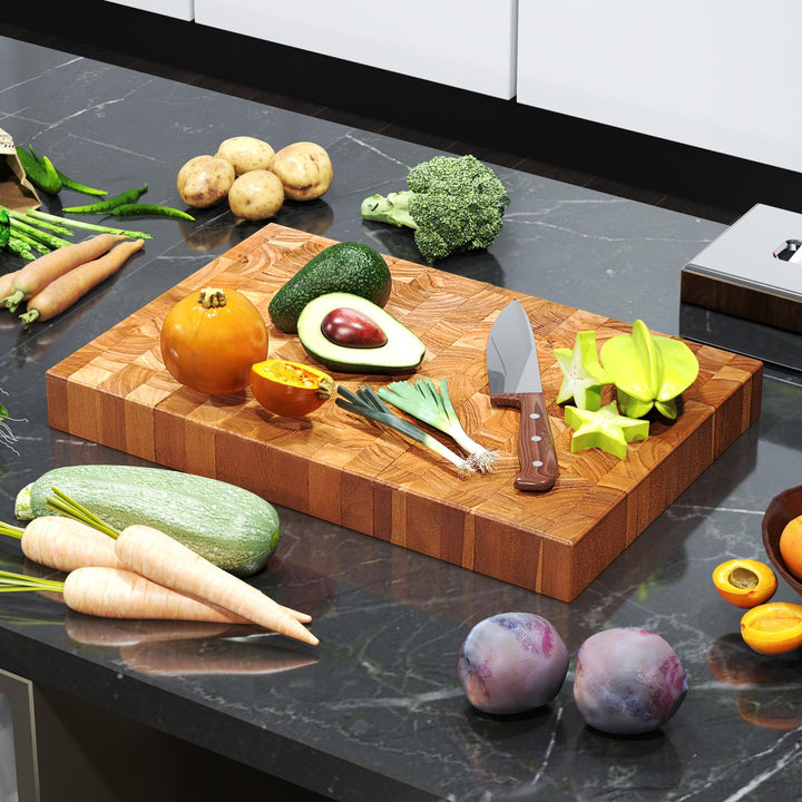 Giantex Teak Wood Cutting Board, 18" End Grain Chopping Block with Hand Grip, Pre-Conditioned With Natural Waxes & Oils