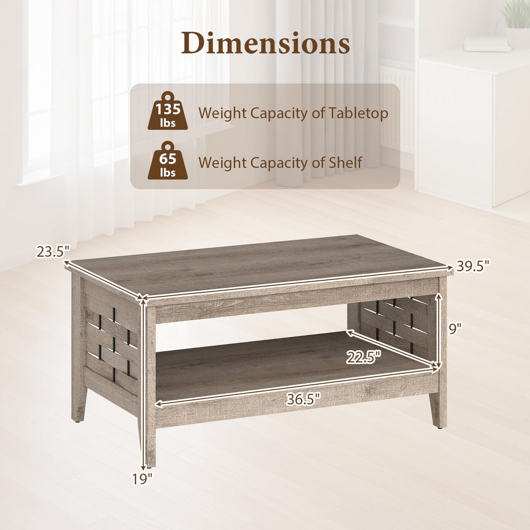 Giantex 2-Tier Farmhouse Coffee Table with Open Shelf and Woven Decorations for Living Room