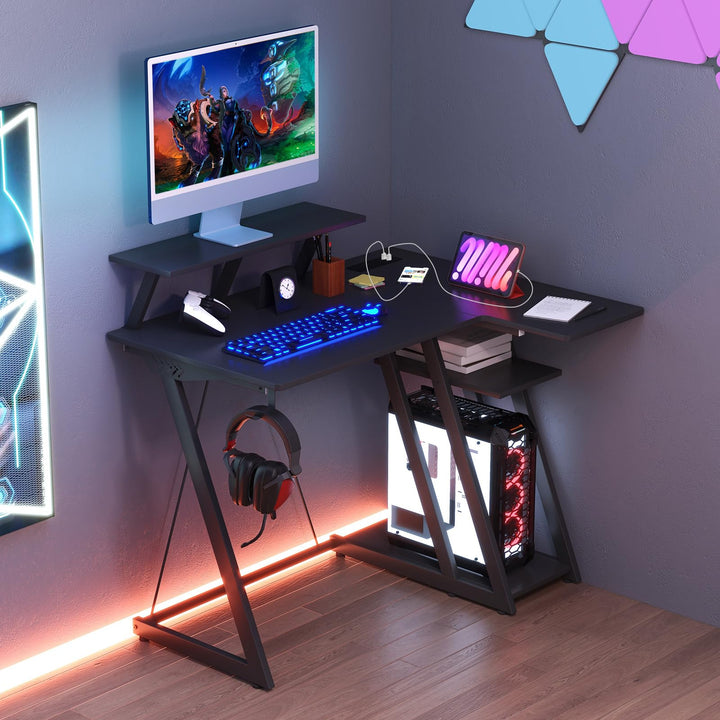 Giantex L Shaped Gaming Desk with Outlets & USB Ports, Small Computer Desk with Monitor Shelf