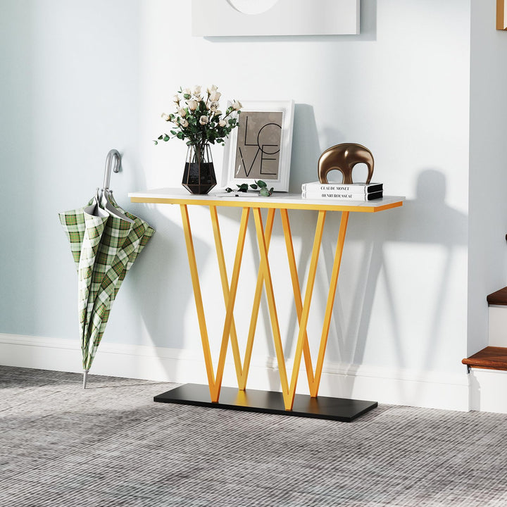 Giantex Gold Entryway Table 40 Inch Modern Console Table with Faux Marble Table and Metal Frame