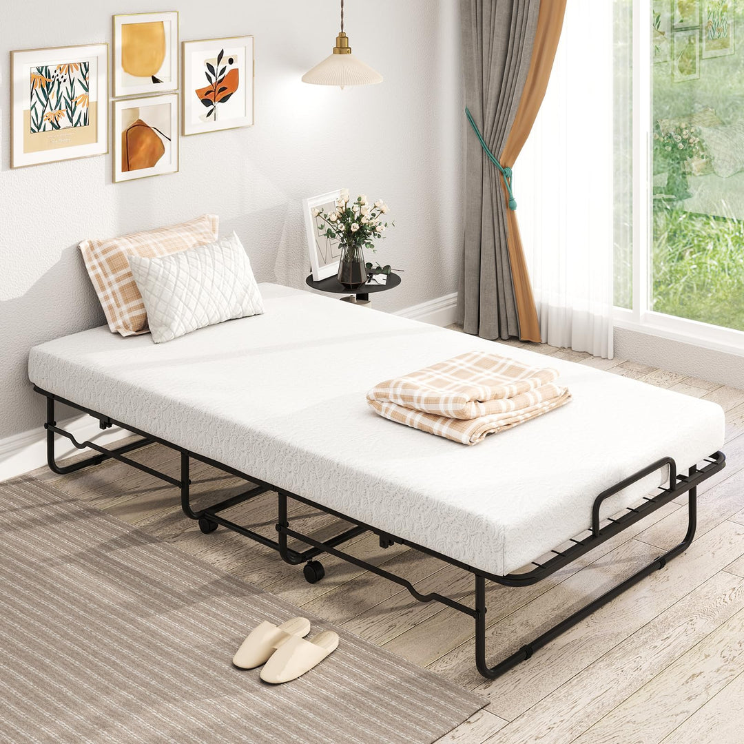 Giantex Twin Folding Bed with Mattress, Roll Away Bed Portable Guest Bed w/Sturdy Metal Frame