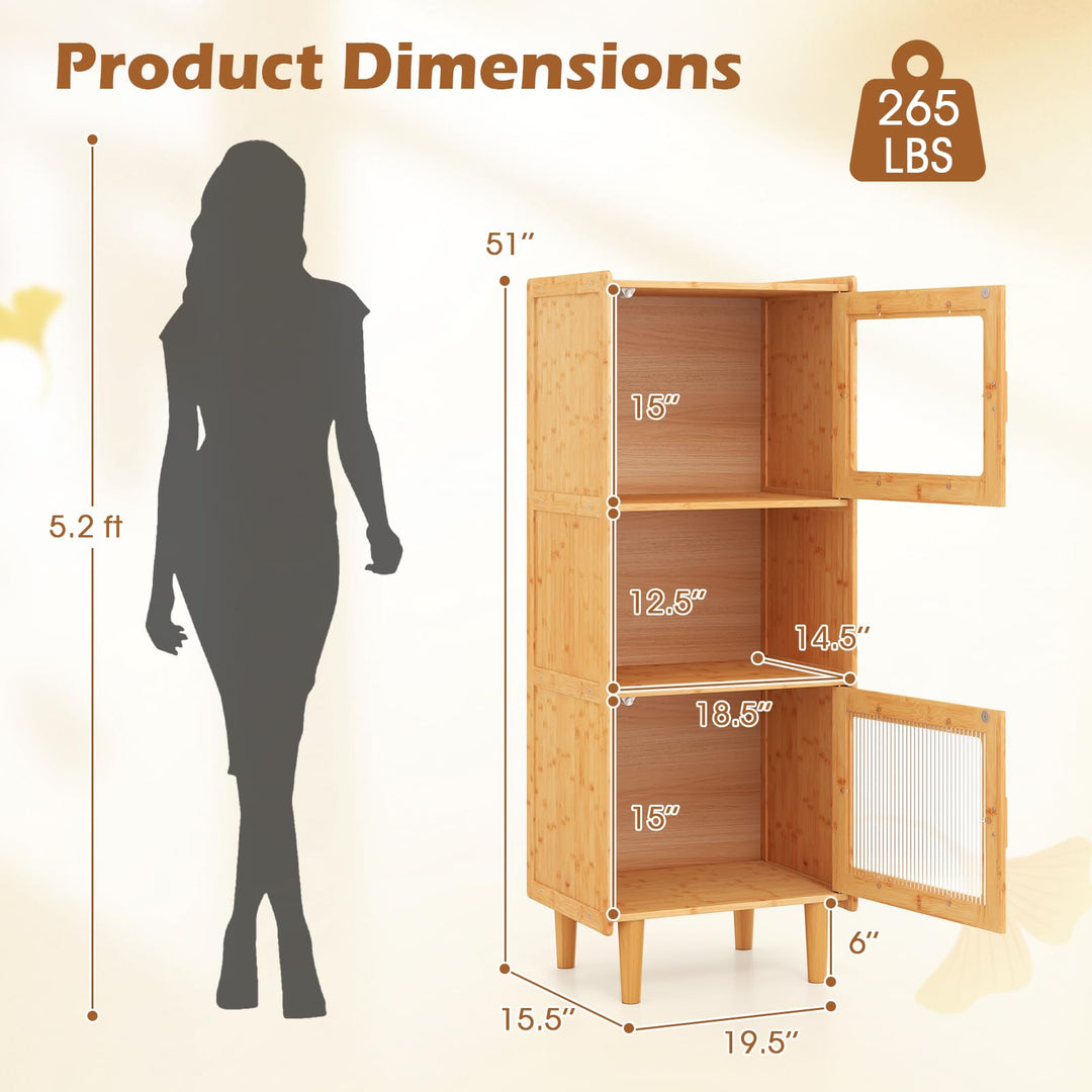 Giantex Bamboo Storage Cabinet, 3-Cube Bookcase, Freestanding Liquor Display Sideboard with 2 Single Doors