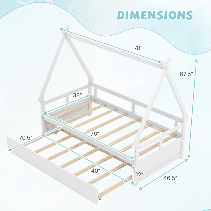Giantex Twin House Bed with Trundle, Wood Montessori Tent Bed Frame with Safety Guardrail