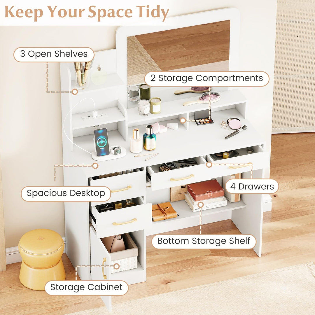 Giantex 39.5 Inch Vanity Desk with Power Outlets and Mirror for Bedroom