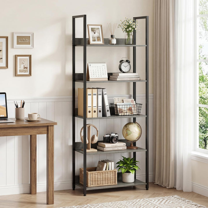 Giantex 5-Tier Tall Wooden Open Bookcase with Back Panels &amp; Metal Frame (1/2)