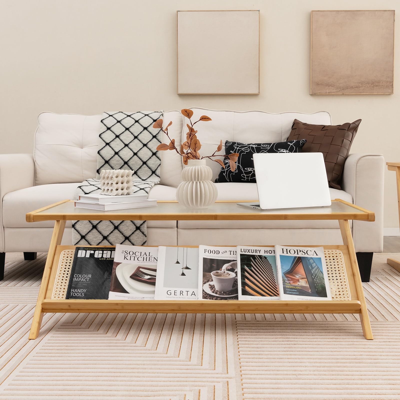 Giantex Boho Rattan Coffee Table, Bamboo Center Table W/Handwoven Rattan Rack & Tempered Glass Tabletop