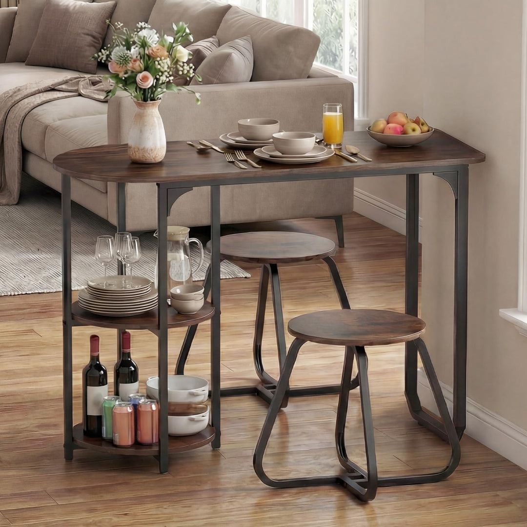 3-Piece Industrial Dining Table Set for Small Space-Rustic Brown