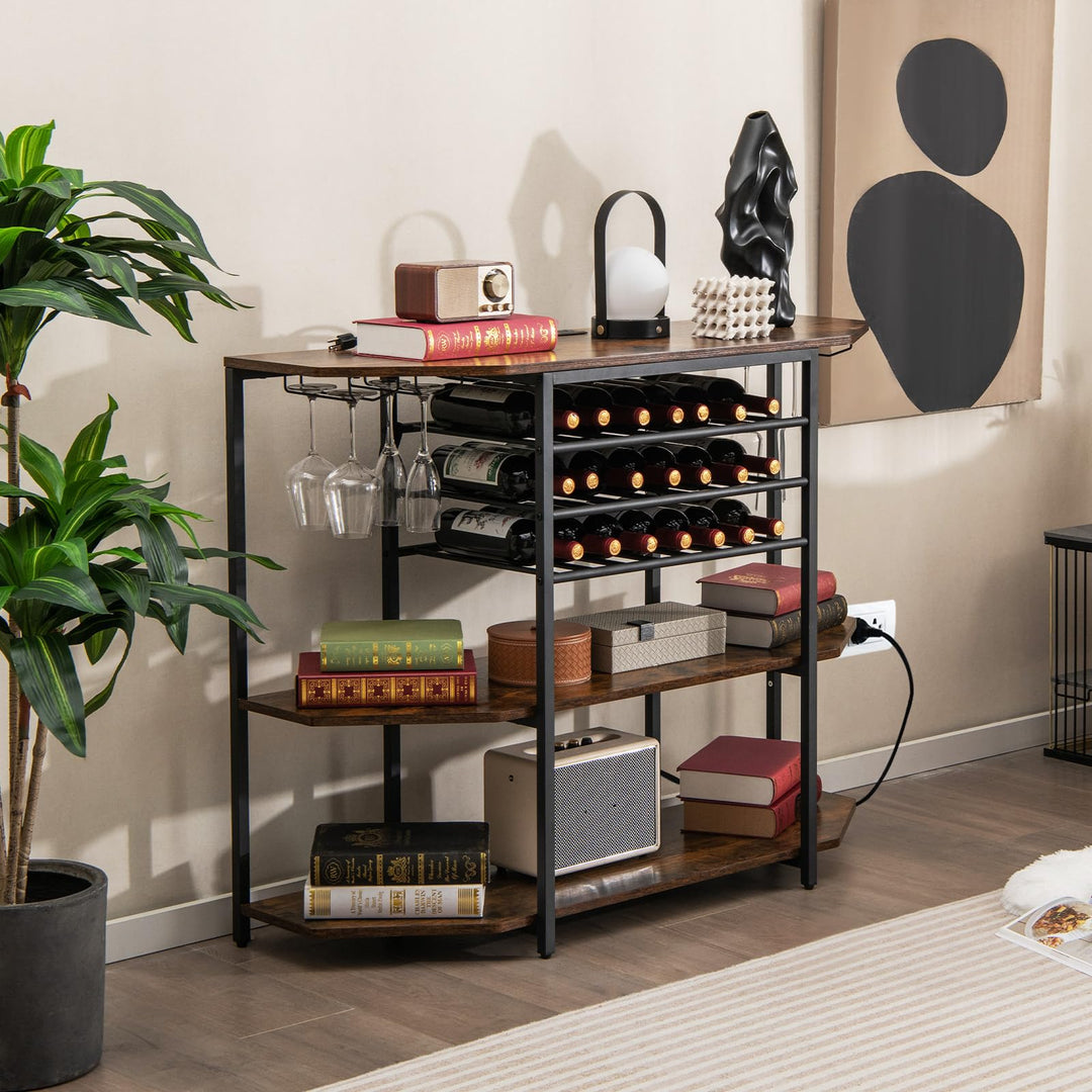 Giantex Wine Bar Cabinet with Power Outlet, Mini Coffee Bar Stand Table with 21 Bottle Wine Rack & Glass Holders