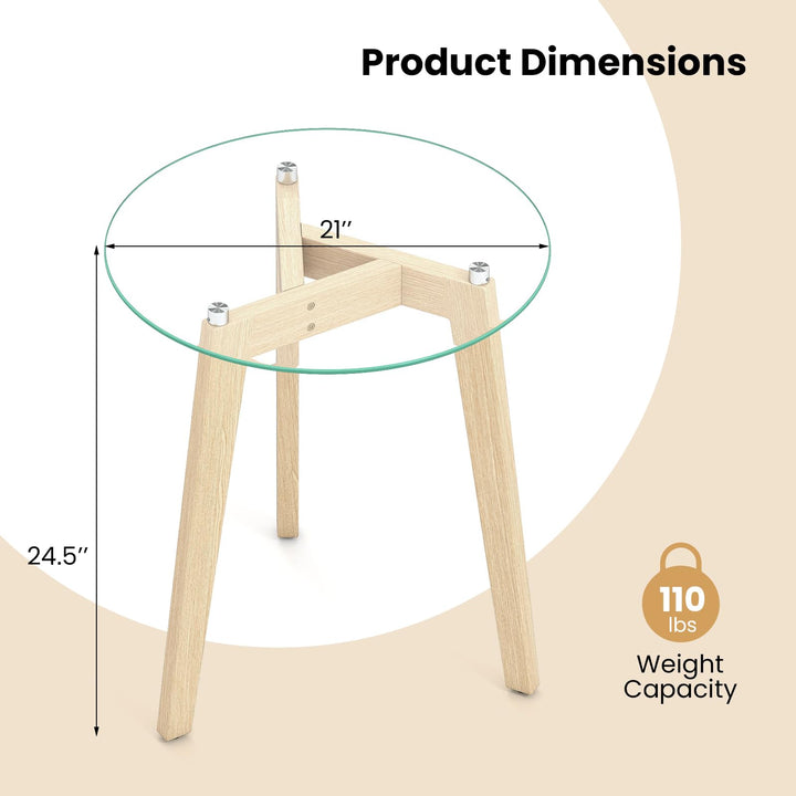 Giantex Glass Round Side Table w/Tempered Glass Top & Rubber Wood Frame