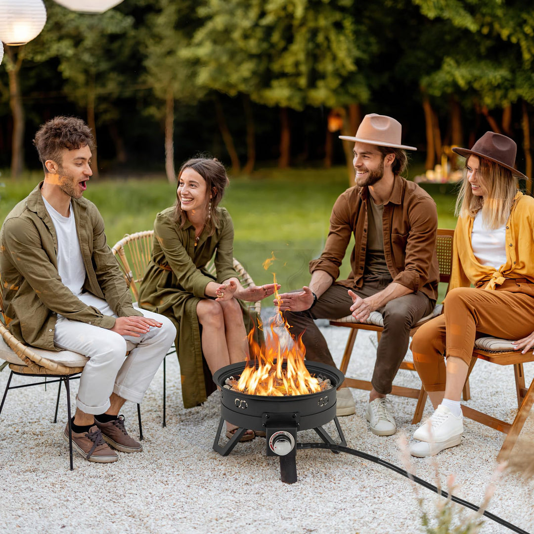 Giantex Portable Propane Fire Pit, 17" Small Outdoor Fire Bowl with Foldable Legs, Round Fireplace with Lid