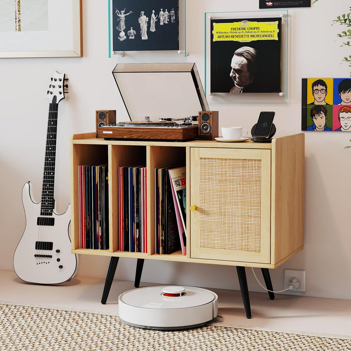 Giantex Record Player Stand w/ Charging Station w/ Rattan Cabinet (Natural)