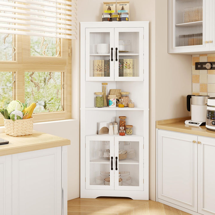 Giantex 67" Tall Corner Cabinet Space-Saving Triangular Storage Cabinet w/ 4 Tempered Glass Doors