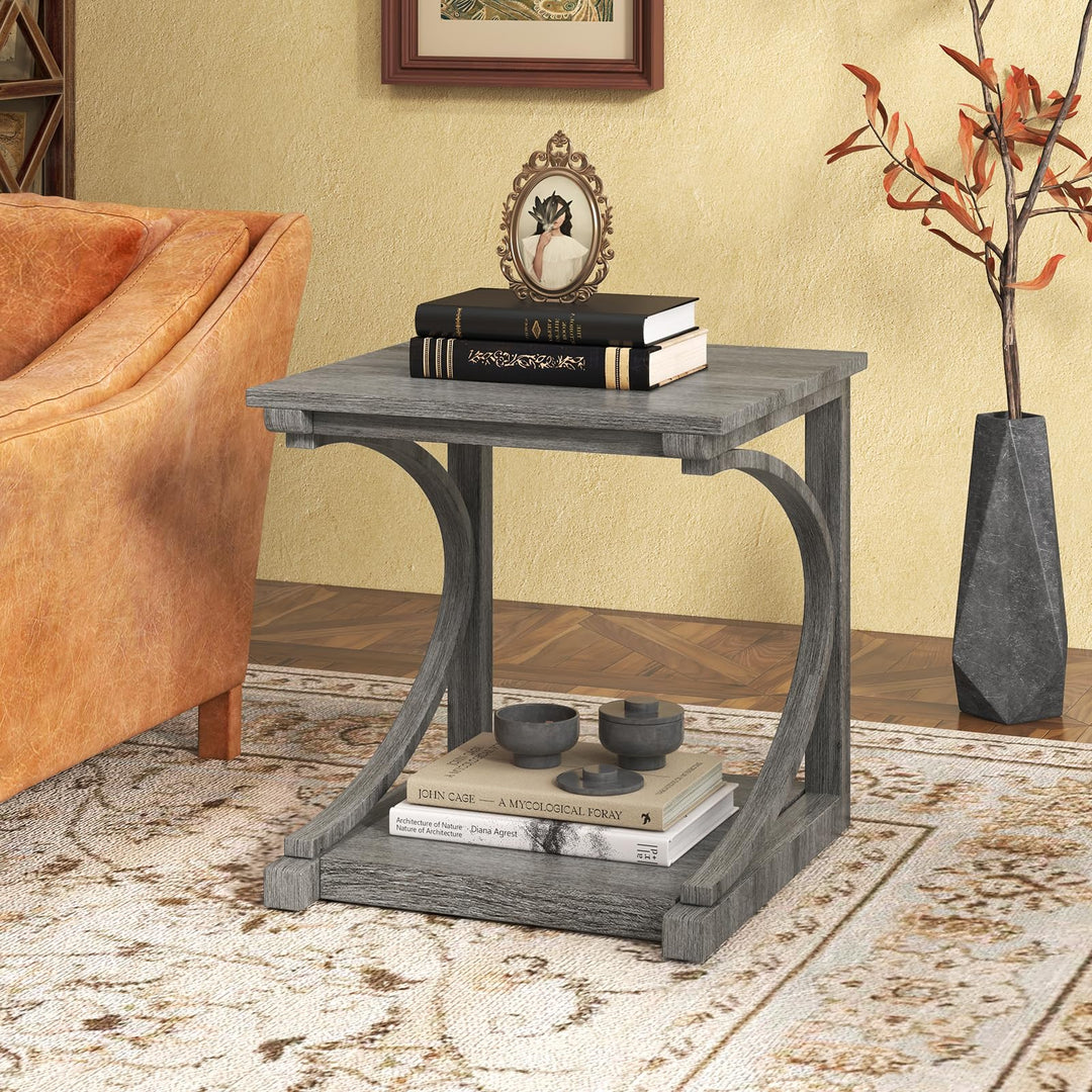 Giantex C-Shaped End Table, 24" Square Couch Table with Bottom Storage Shelf & Solid Rubber Wood Frame