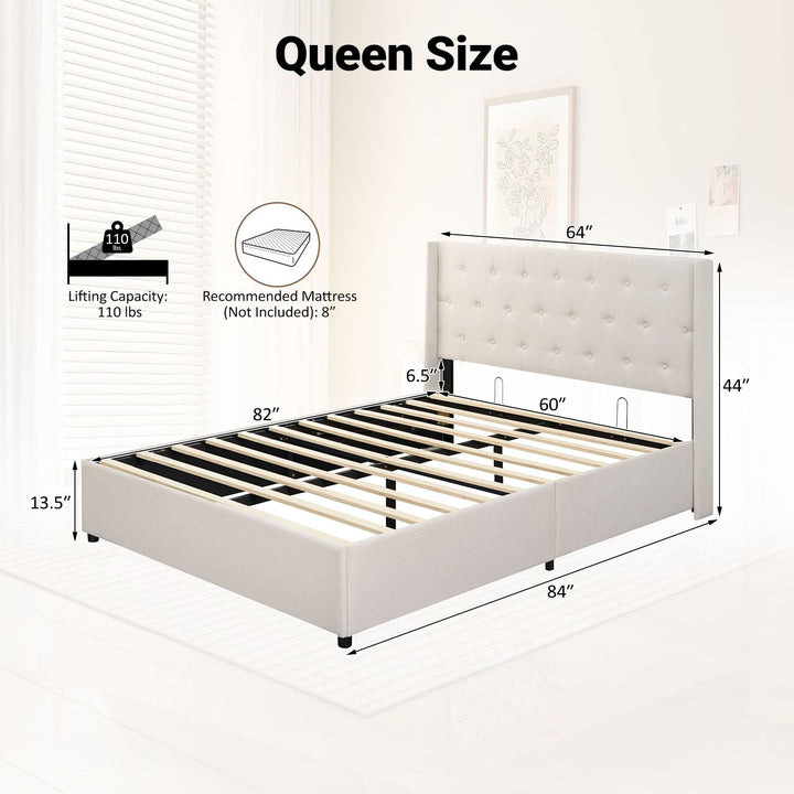 Giantex Modern Linen Upholstered Platform w/Button Tufted Wingback Headboard &amp; Hydraulic Support