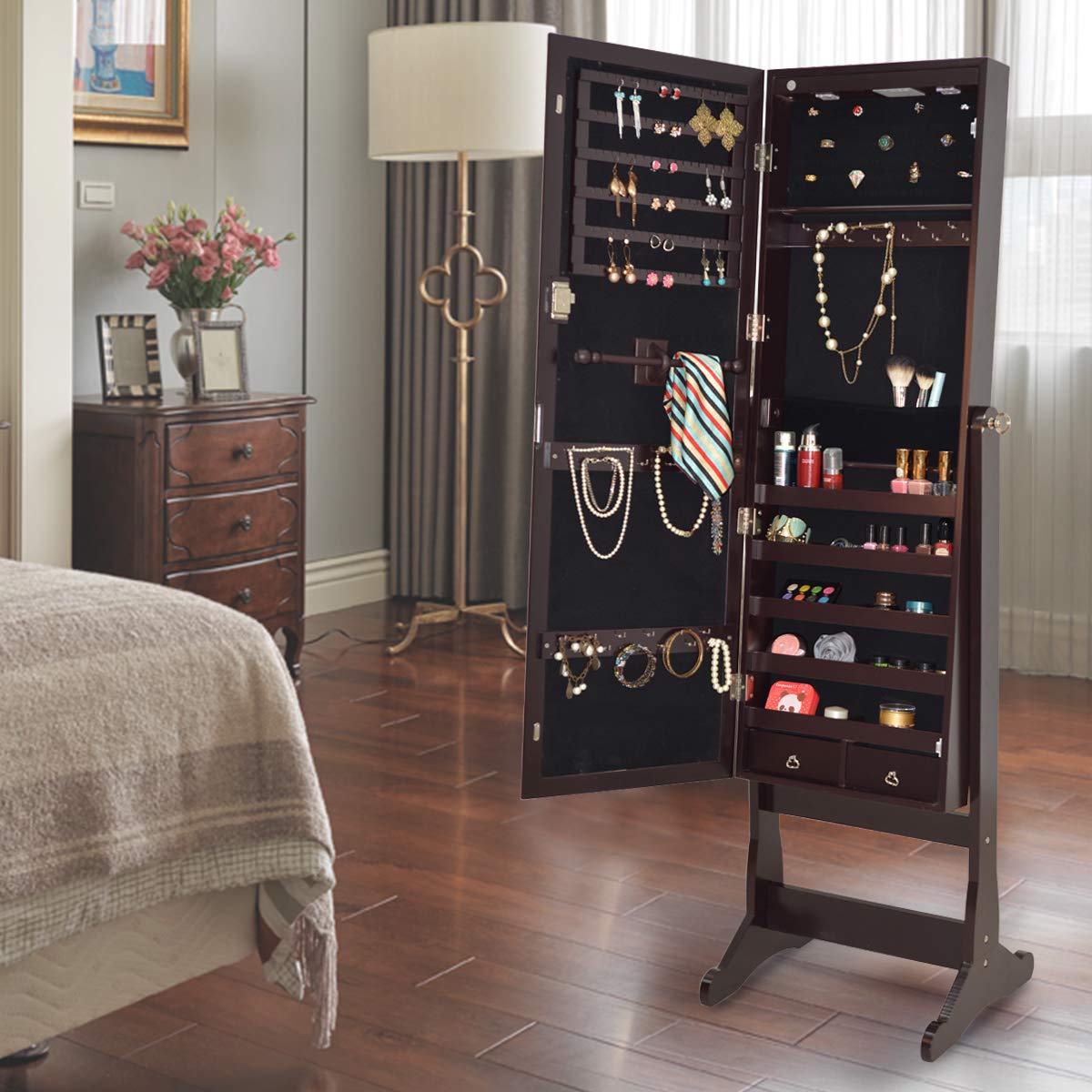 Giantex 57.5"H 2 LEDs Standing Jewelry Cabinet with Full Length Mirror with 2 Drawers, 4 Adjustable Angles, Jewelry Storage Organizer